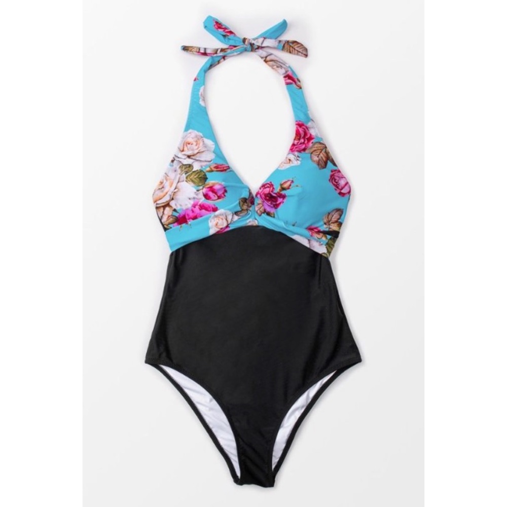 CUPSHE Floral & Black Halter One Piece Swimsuit